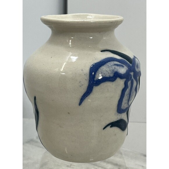 Studio Art Pottery Floral Design Bud Vase Blue Boho 4” Tall Signed JG - Picture 3 of 12